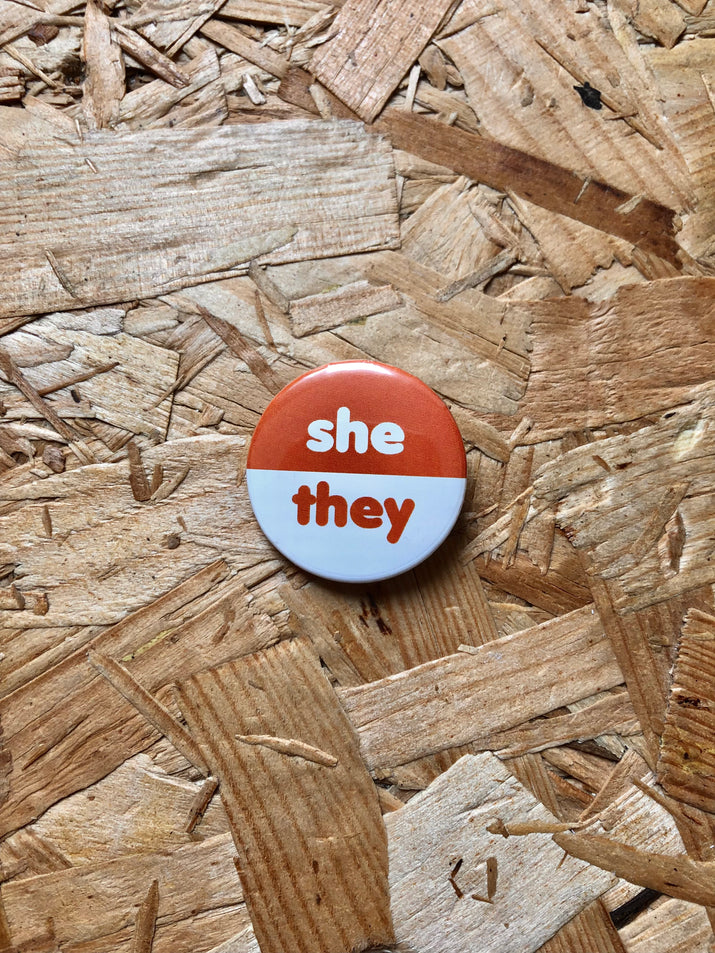 She/They Two-Tone Pronoun Badges 32mm